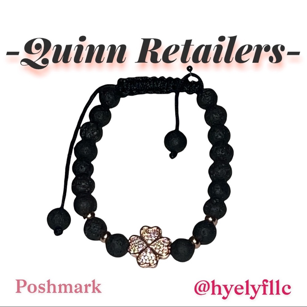 Lava rock bracelet with four leaf rose gold charm